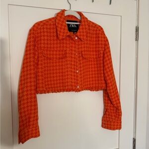 Zara Orange Houndstooth Cropped Blazer